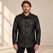 Ashbourne Men's Black Lightweight Lambskin Trench Jacket front view on male model