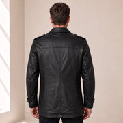 Ashbourne Men's Black Lightweight Lambskin Trench Jacket back view on male model