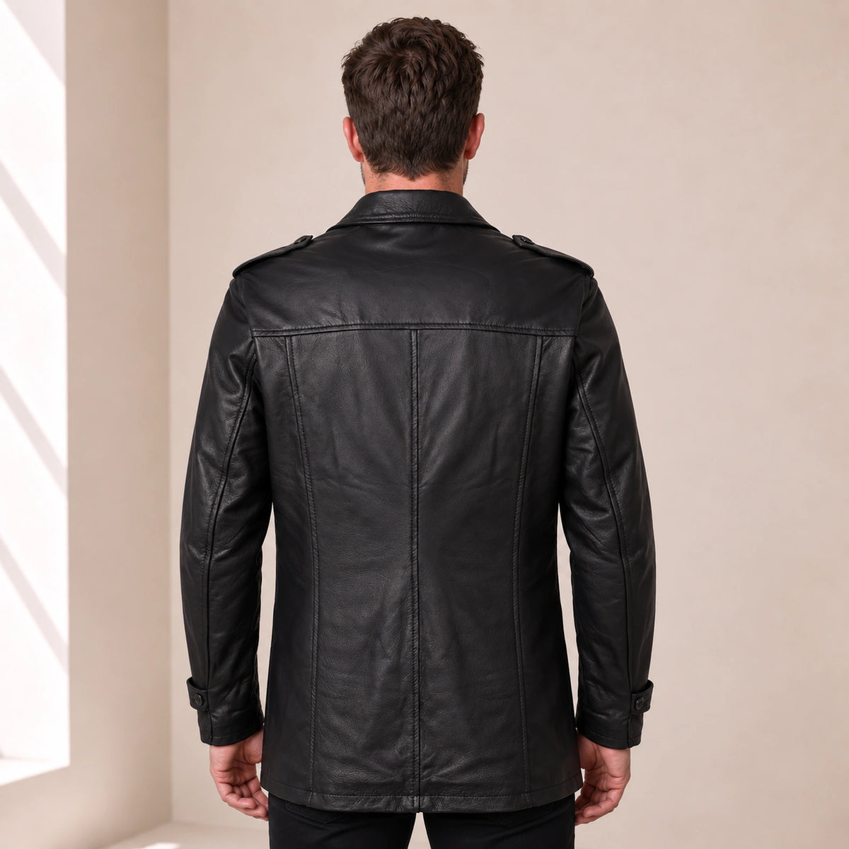 Ashbourne Men's Black Lightweight Lambskin Trench Jacket back view on male model