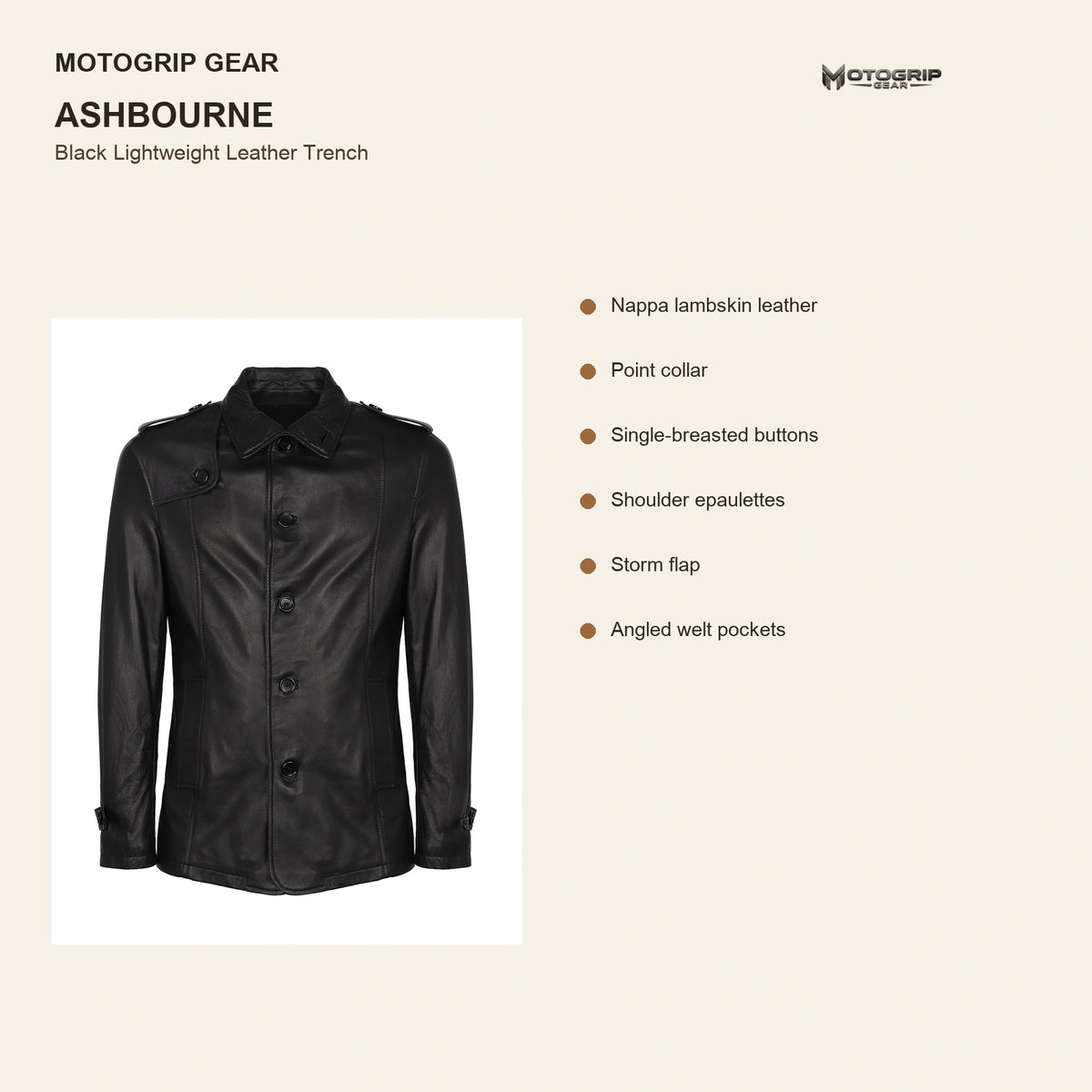 Ashbourne Men's Black Lightweight Lambskin Trench Jacket key features