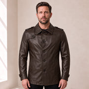 Ashbourne Men's Chocolate Lightweight Lambskin Trench Jacket front view on male model