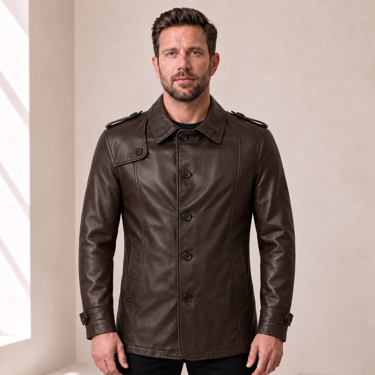 Ashbourne Men's Chocolate Lightweight Lambskin Trench Jacket front view on male model