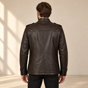 Ashbourne Men's Chocolate Lightweight Lambskin Trench Jacket back view on male model
