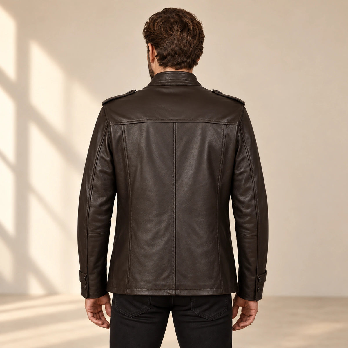 Ashbourne Men's Chocolate Lightweight Lambskin Trench Jacket back view on male model