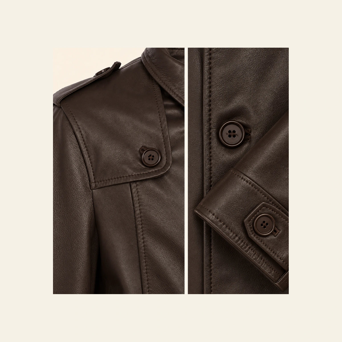 Ashbourne Men's Chocolate Lightweight Lambskin Trench Jacket leather and construction close-up