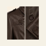 Ashbourne Men's Chocolate Lightweight Lambskin Trench Jacket leather and construction close-up