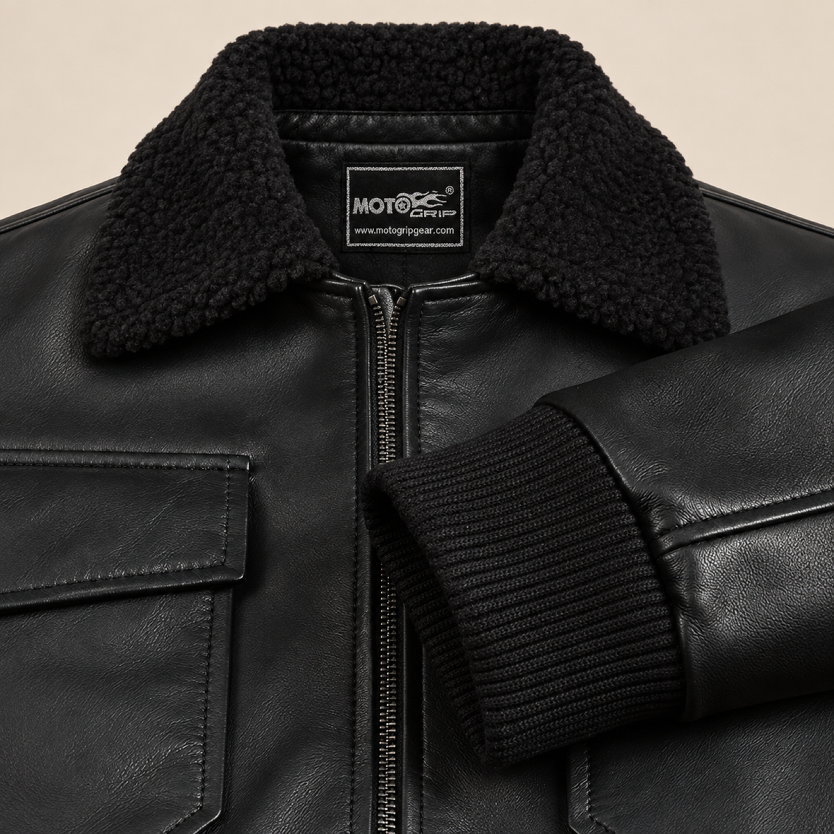 Ashford men’s black lambskin leather bomber jacket: Close-up of the black rib-knit cuff, leather and zipper.