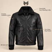 Ashford men’s black lambskin leather bomber jacket: Feature infographic showing lambskin, detachable collar, rib-knit cuffs and outer flap pockets.