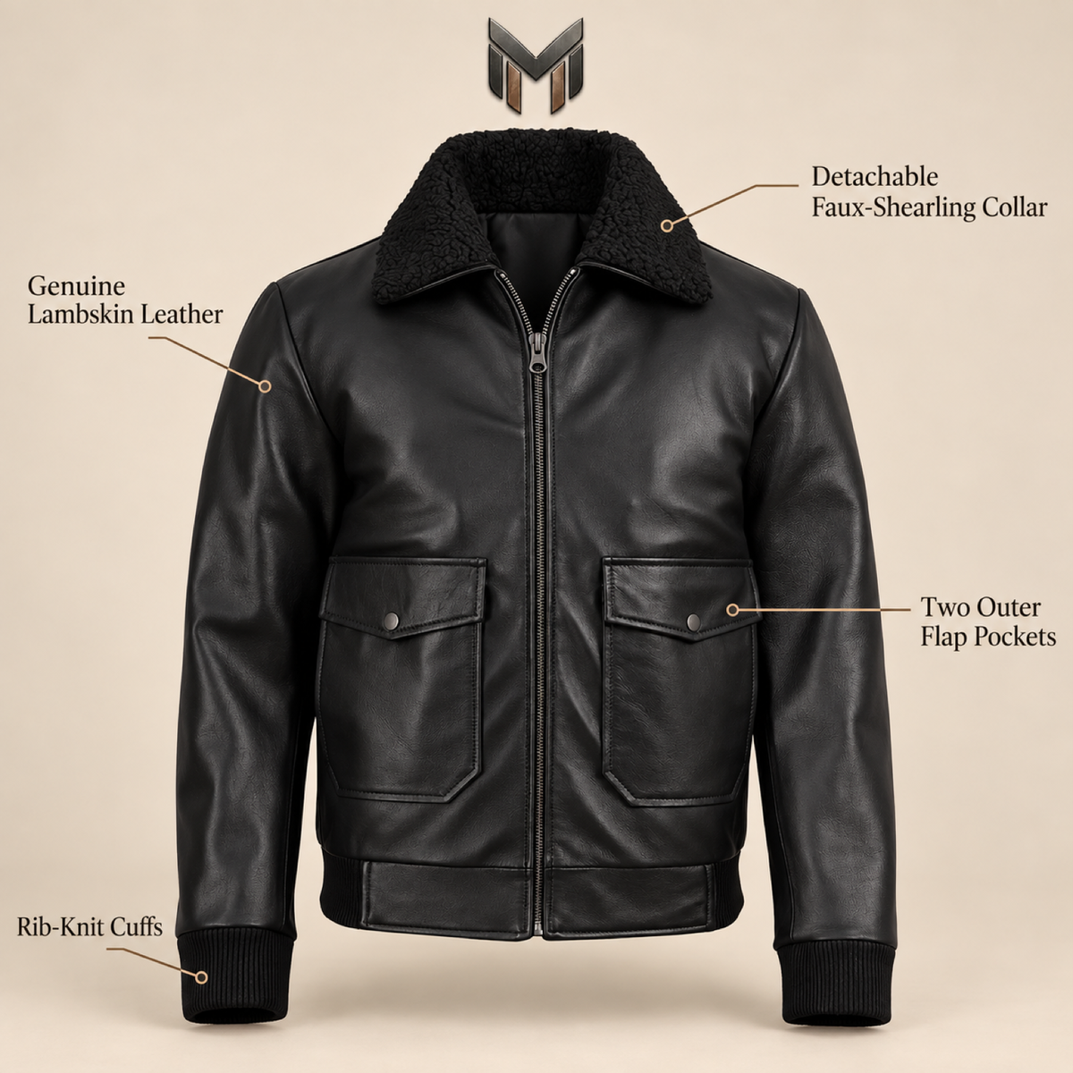 Ashford men’s black lambskin leather bomber jacket: Feature infographic showing lambskin, detachable collar, rib-knit cuffs and outer flap pockets.