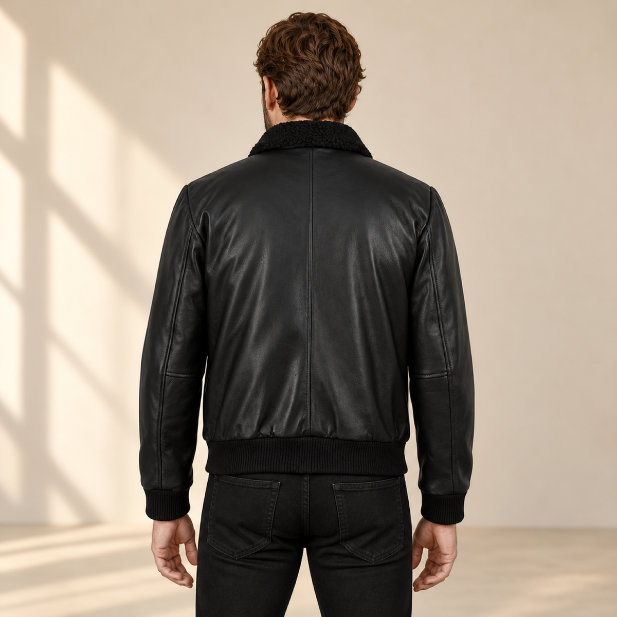Ashford men’s black lambskin leather bomber jacket: Rear model view showing the center seam and rib-knit waistband.