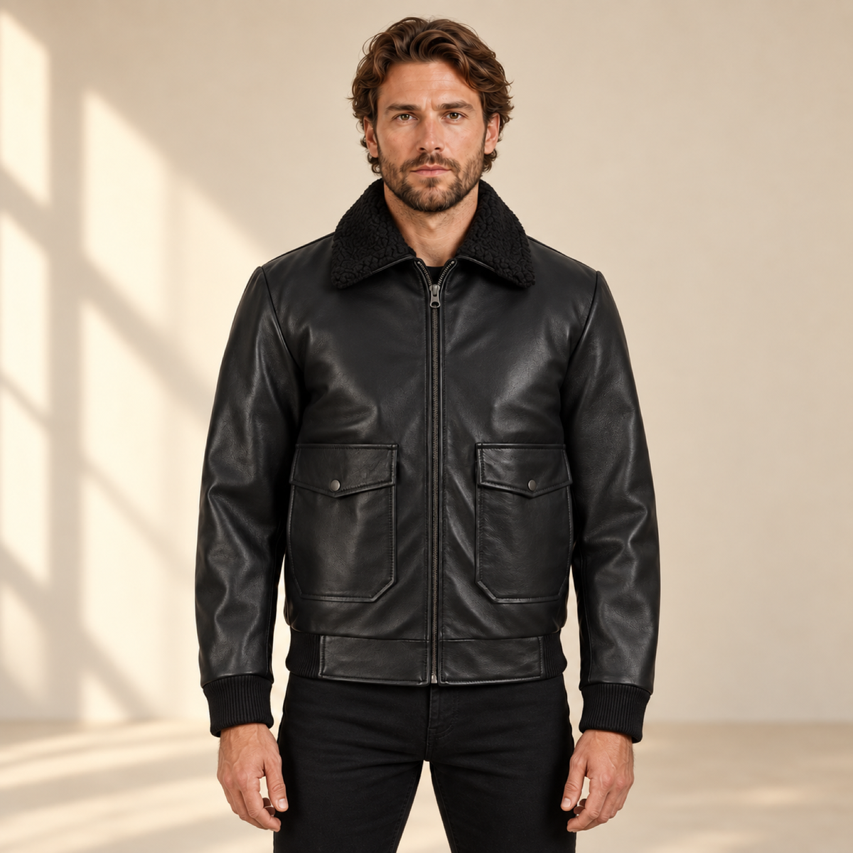 Ashford men’s black lambskin leather bomber jacket: Front model view with zipper closed and detachable black faux-shearling collar.