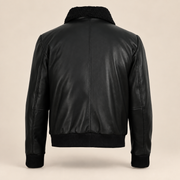 Ashford men’s black lambskin leather bomber jacket: Rear product view with black collar and rib-knit cuffs.