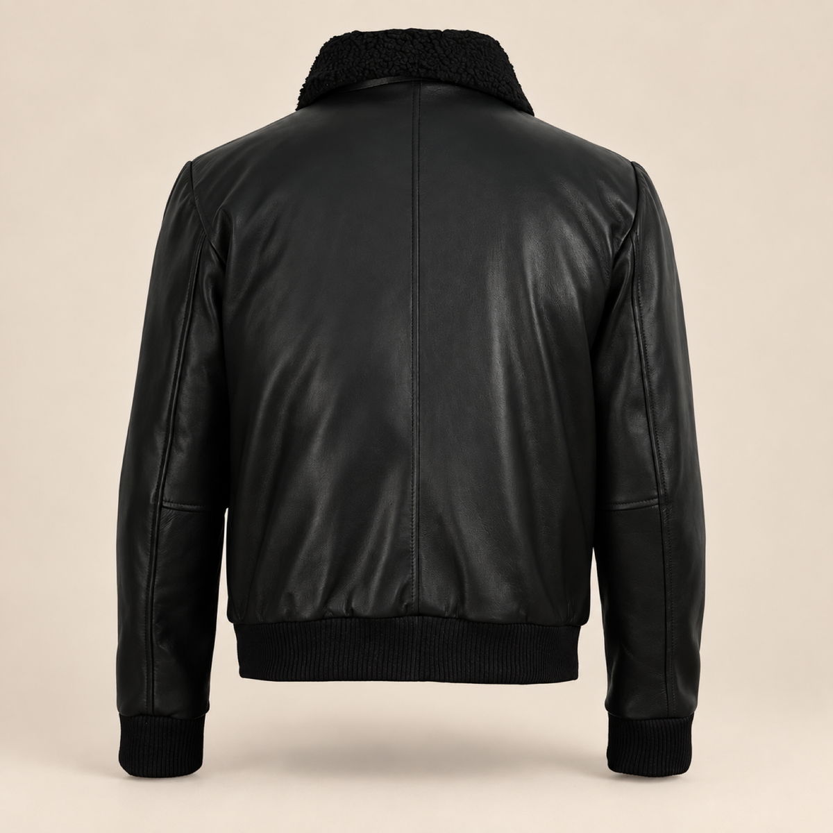 Ashford men’s black lambskin leather bomber jacket: Rear product view with black collar and rib-knit cuffs.