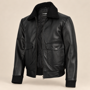 Ashford men’s black lambskin leather bomber jacket: Three-quarter product view of the black bomber.