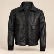 Ashford men’s black lambskin leather bomber jacket: Front product view with faux-shearling collar removed.