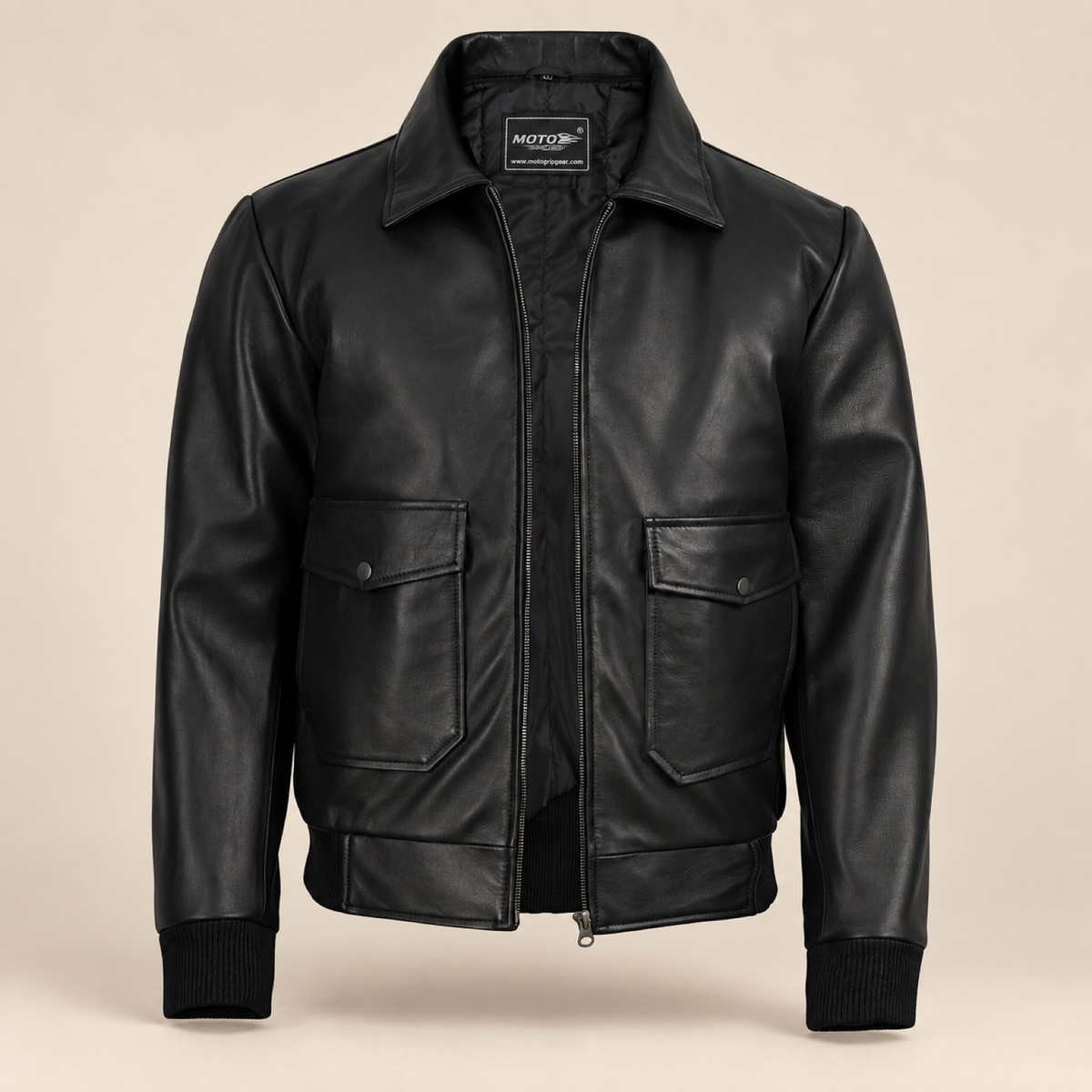 Ashford men’s black lambskin leather bomber jacket: Front product view with faux-shearling collar removed.