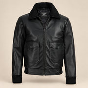 Ashford men’s black lambskin leather bomber jacket: Partially zipped front product view with black faux-shearling collar.