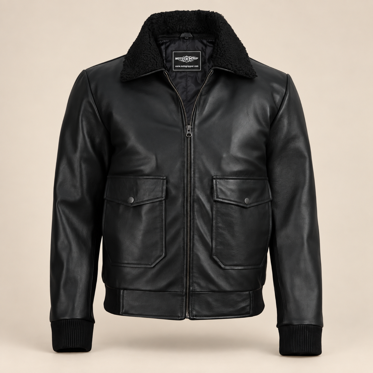 Ashford men’s black lambskin leather bomber jacket: Partially zipped front product view with black faux-shearling collar.