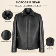 Black men's point-collar lambskin leather jacket, infographic.