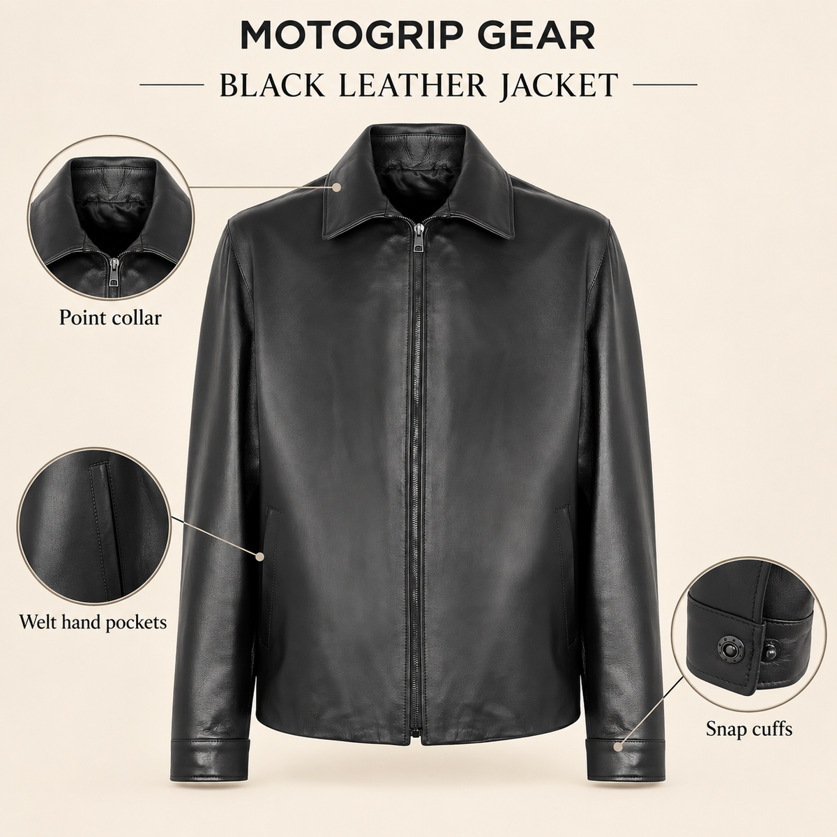Black men's point-collar lambskin leather jacket, infographic.