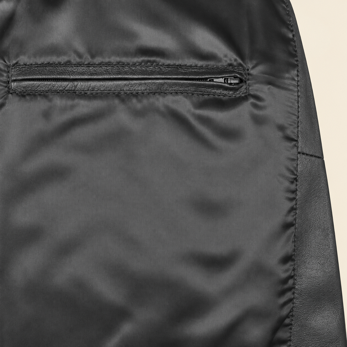 Black men's point-collar lambskin leather jacket, inner.