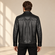 Black men's point-collar lambskin leather jacket, model back.