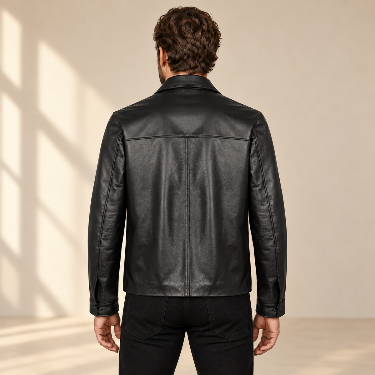 Black men's point-collar lambskin leather jacket, model back.