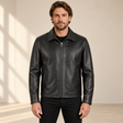 Black men's point-collar lambskin leather jacket, model front.