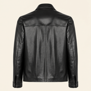 Black men's point-collar lambskin leather jacket, product back.