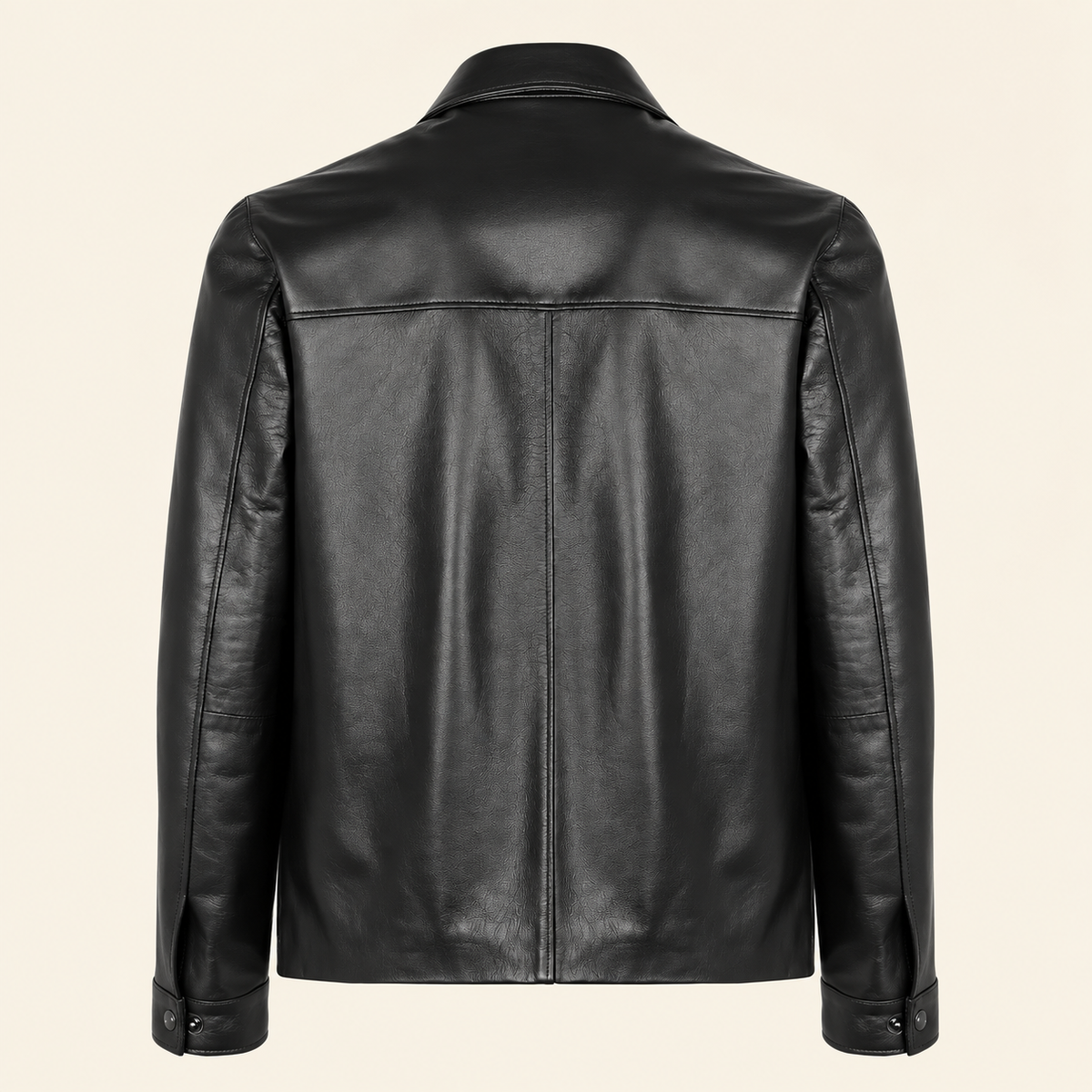 Black men's point-collar lambskin leather jacket, product back.