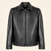 Black men's point-collar lambskin leather jacket, product front.