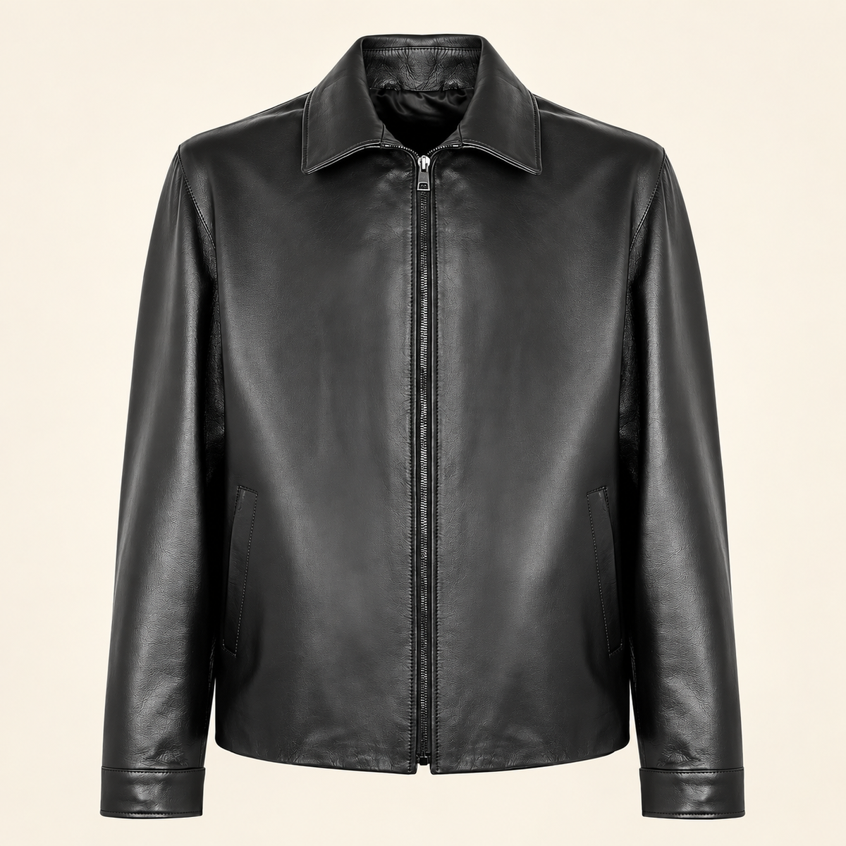 Black men's point-collar lambskin leather jacket, product front.