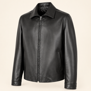 Black men's point-collar lambskin leather jacket, side angle.