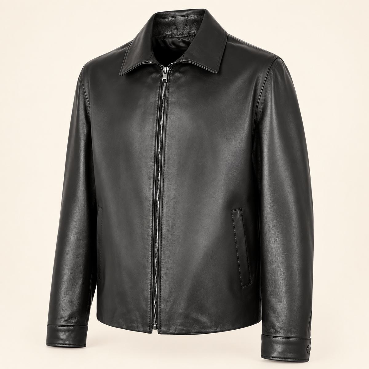 Black men's point-collar lambskin leather jacket, side angle.