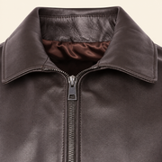 Chocolate Brown men's point-collar lambskin leather jacket, close up.