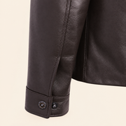 Chocolate Brown men's point-collar lambskin leather jacket, cuff detail.