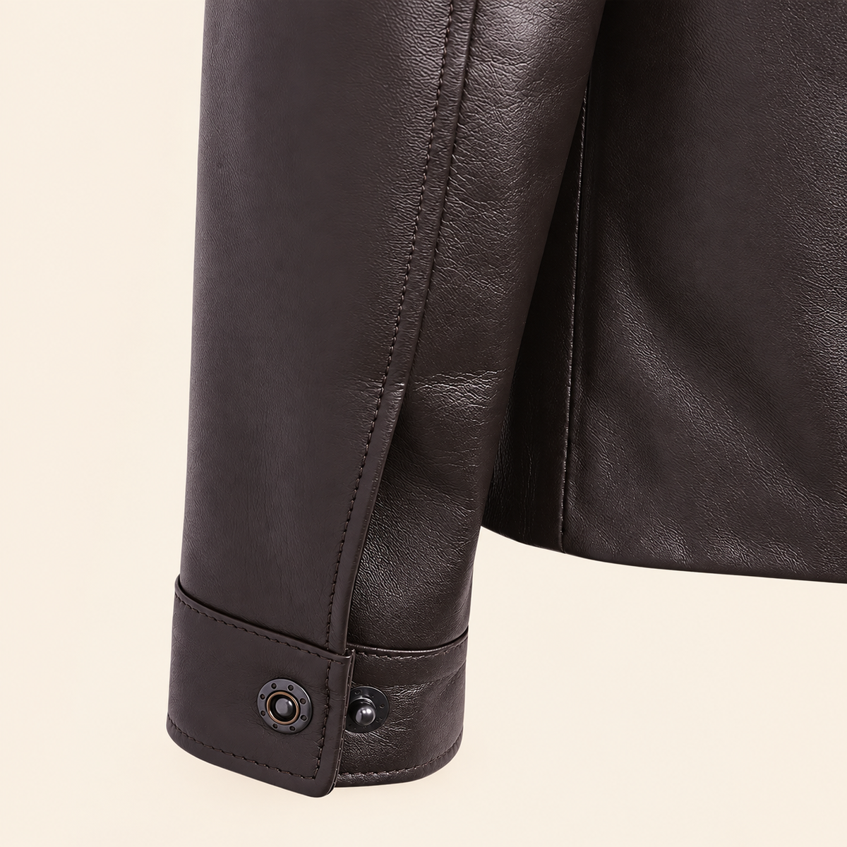 Chocolate Brown men's point-collar lambskin leather jacket, cuff detail.