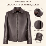Chocolate Brown men's point-collar lambskin leather jacket, infographic.
