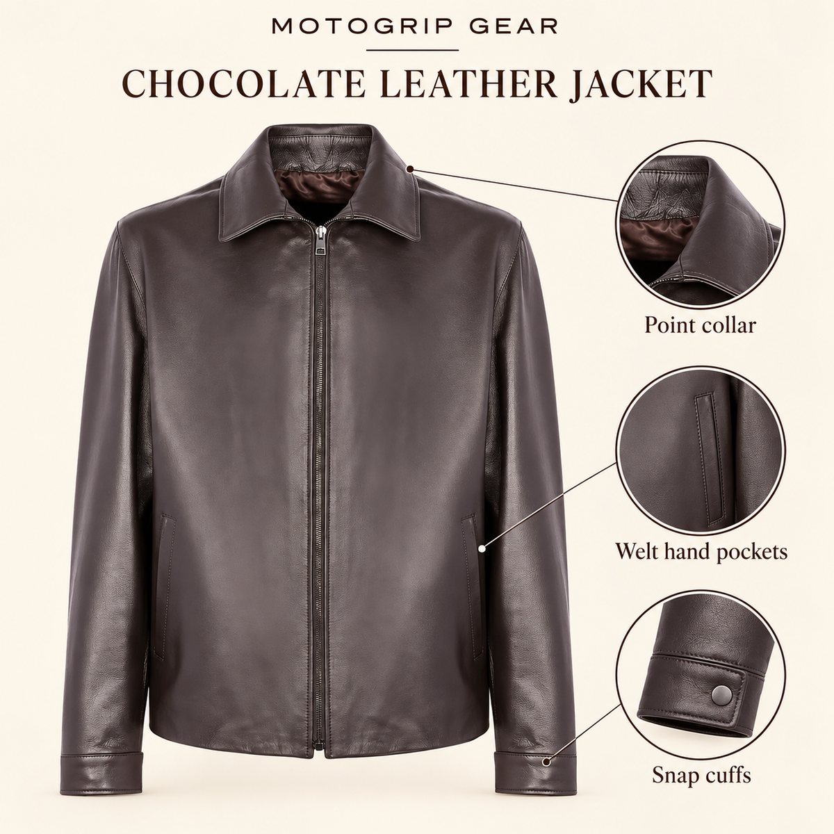 Chocolate Brown men's point-collar lambskin leather jacket, infographic.