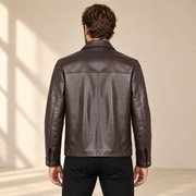 Chocolate Brown men's point-collar lambskin leather jacket, model back.