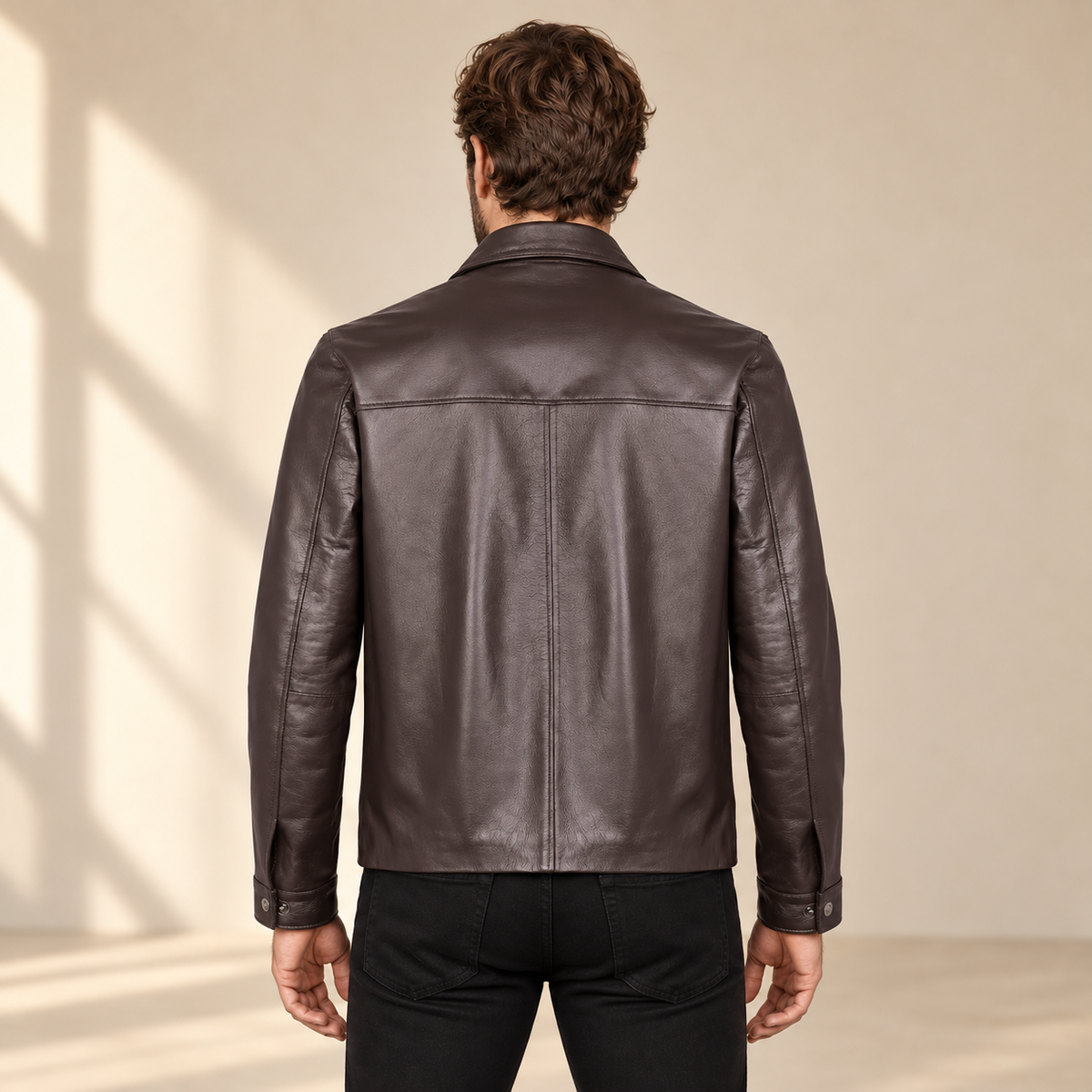 Chocolate Brown men's point-collar lambskin leather jacket, model back.