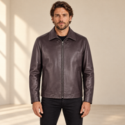 Chocolate Brown men's point-collar lambskin leather jacket, model front.