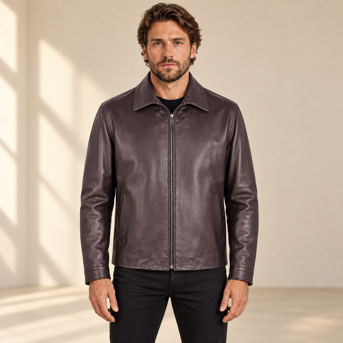 Chocolate Brown men's point-collar lambskin leather jacket, model front.