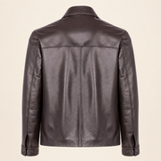 Chocolate Brown men's point-collar lambskin leather jacket, product back.