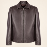 Chocolate Brown men's point-collar lambskin leather jacket, product front.