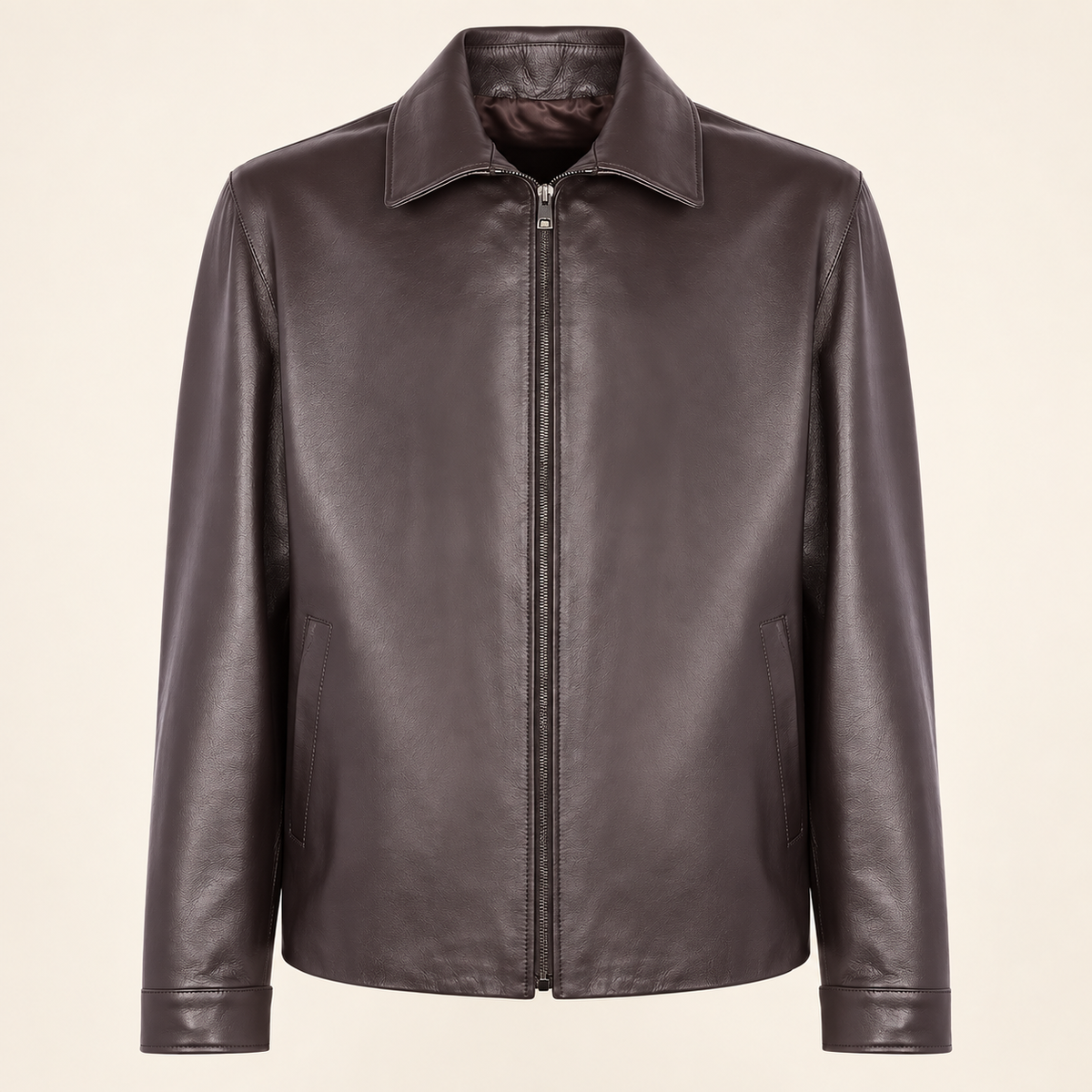 Chocolate Brown men's point-collar lambskin leather jacket, product front.