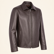 Chocolate Brown men's point-collar lambskin leather jacket, side angle.