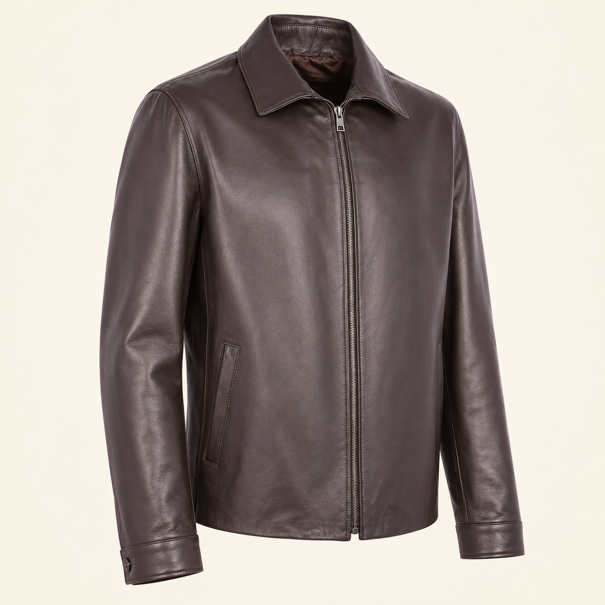 Chocolate Brown men's point-collar lambskin leather jacket, side angle.