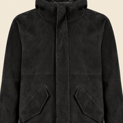 Close-up of the leather texture and construction of the Bexley men's black hooded reversible leather coat.