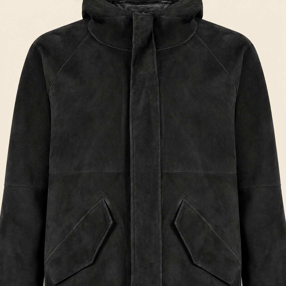 Close-up of the leather texture and construction of the Bexley men's black hooded reversible leather coat.